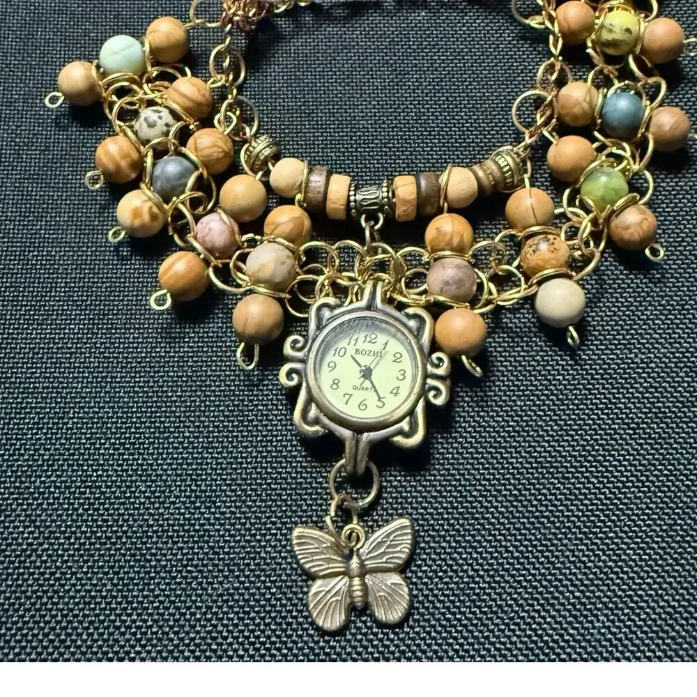 Handmade Boho Butterfly Watch Bracelet NEW Battery Wood & Stone Bead Cuff